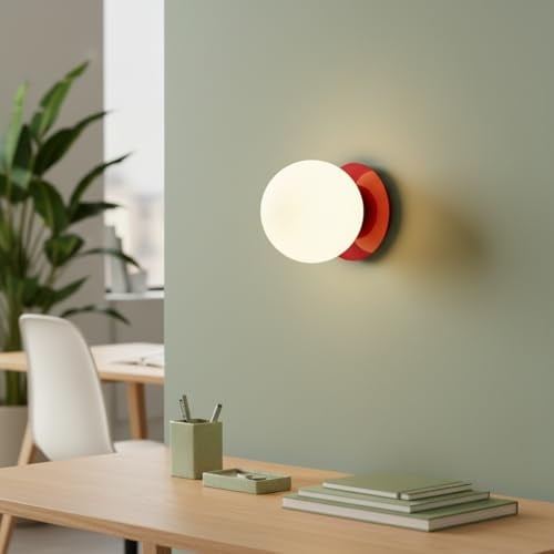 BARCELONA LED Wandleuchte Kugel aus Weißem Glas Ø15 cm mit Rot Metallbasis, Wandlampe Vintage und Modern, Minimalistischer Luxus für Badezimmer, Spiegel und Innenräume E27