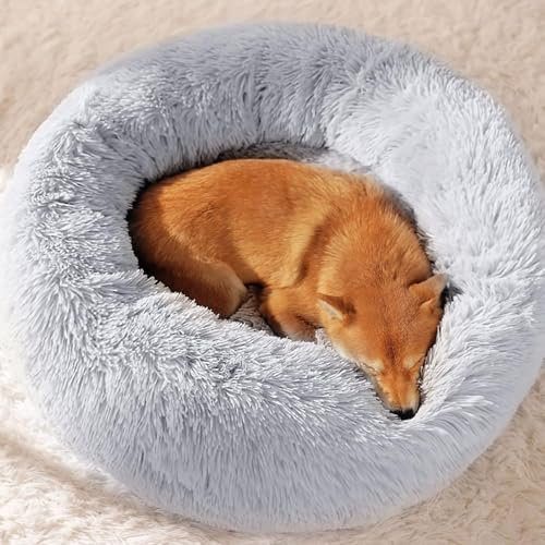 LuckyZoo77 Flauschiges Hundebett Rund 60 cm – Weiches Donut Katzenbett für kleine Hunde & Katzen, Waschbar & rutschfest, Plüsch Haustierbett, Grau