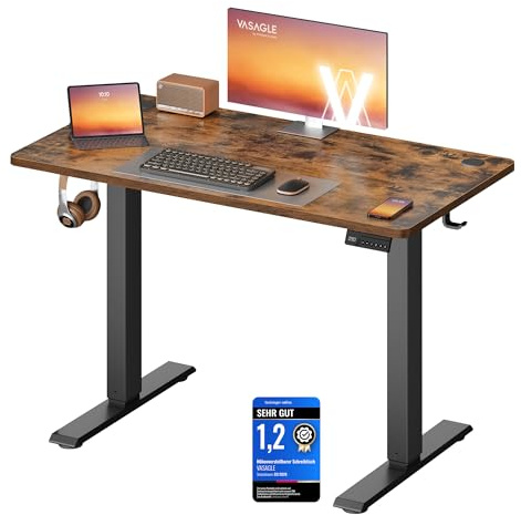 VASAGLE Bureau Électrique Réglable en Hauteur, Bureau Assis-Debout, Table, Rappel de Sédentarité, Fonction Mémoire 4 Hauteurs, Télétravail, 100 x 60 cm, Marron Rustique LSD310KD03