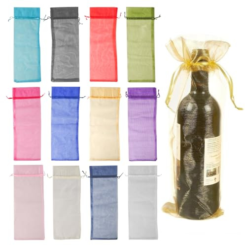 BigKego Lot de 12 sacs cadeaux en organza pour bouteille de vin, avec cordon de serrage, 14 x 37 cm, pour vin, champagne, mariage, Noël, fête