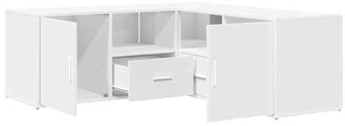 Eckregal Weiß Holzwerkstoff 200x40x45 cm mit Schubladen und Türen, Mehrzweckschrank für Wohnzimmer, Schlafzimmer, Küche, Flur, modernes Stauraumsystem, platzsparend, robust