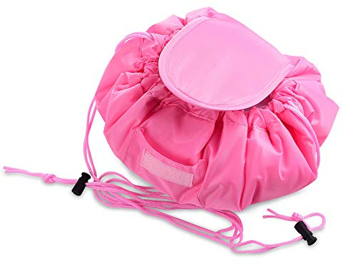 MUXItrade Lazy Drawstring Make up Bag Portable Large Travel Cosmetic Bag Pouch Travel Makeup Pouch Storage Organiser for Women Girl (Pink)