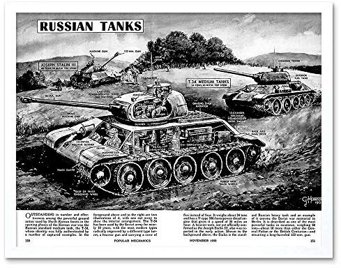 Wee Blue Coo War Drawing Russian Tanks T34 Joseph Stalin Military USA Art Print Framed Poster Wall Decor Kunstdruck Poster Wand-Dekor-12X16 Zoll