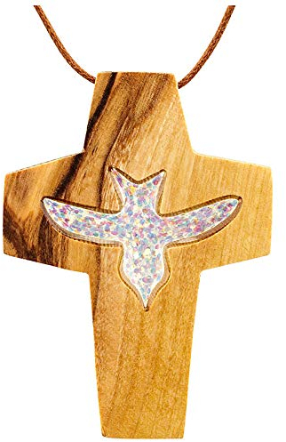 MaMeMi Pendentif croix en bois d'olivier avec colombe Doré