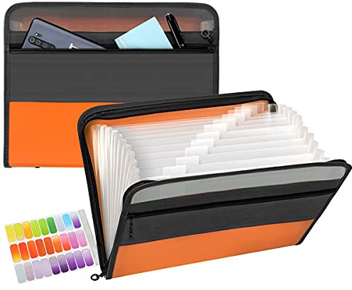 Dokumentenmappe 13 Fächern, TRANBO Fächermappe Datei Organizer mit Reißverschluss, Erweiterbar Ordnungsmappe Mappe/Ordner Organizer A4/Document organizer/Ordner für Büros und Schulen (Orange)