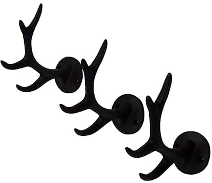 Wowser Vierpunkt-Kleiderhaken, schwarzes Hirschgeweih, Gusseisen, Wandhalterung, 14 cm, 3 Stück