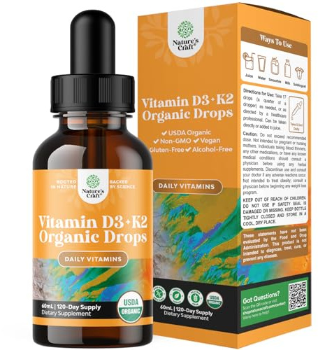 Natures Craft Liquid Vitamin D3 with K2 for Adults - Organic Drops 2000IU per Serving Vegan Bone Muscle Heart & Immune Support MCT Oil Enhanced Absorption - 2Fl Oz (Pack of 1)