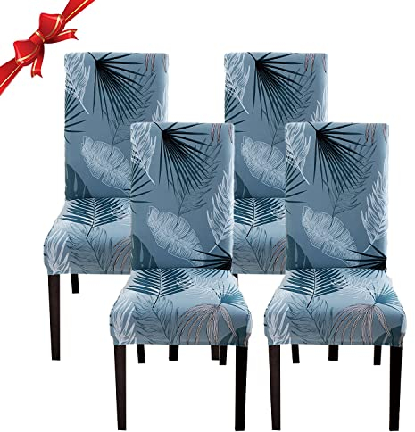 Jaotto Stuhlhussen 4 Stück Universal, Stuhlhusse Stretch 4er Set Moderne, Stuhlhussen Schwingstühle Elastische Langlebig Stuhlhussen für Esszimmer Bankett Deko(Blaue Blätter,4 Stück)