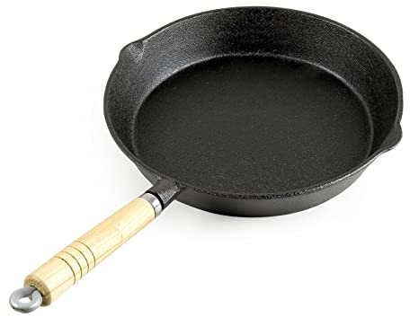 Bratpfanne aus Gusseisen Ø25cm, Feuerpfanne mit Holzgriff und Ausgießer, Grillpfanne
