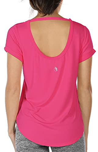 icyzone Damen Yoga T-Shirt Rückenfrei Sport Freizeit Tops Kurzarm Oberteile Loose Casual V-Ausschnitt Shirt (M, Rose-Bengal)