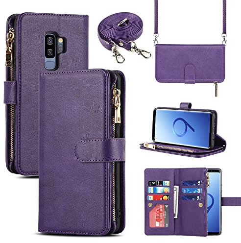 CAVOR Handykette Handyhülle Kompatibel mit Samsung S9 Plus Hülle Mit Band,Flip Leder Geldbörse Handyhülle,[9 Kartenfach],Klapphülle Handyhülle Kompatibel mit Samsung Galaxy S9 Plus - Violett