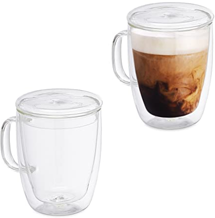 Relaxdays Doppelwandige Kaffeegläser, 2er Set, 500 ml, Teegläser mit Henkel & Deckel, Borosilikatglas, transparent
