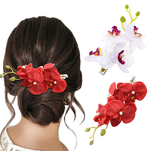 Yangshine Blumen-Haar-Accessoires for women,orchideen-Haarspangen, künstliche Phalaenopsis-Alligator-Haarnadeln,Hawaii-Blumen Kopfbedeckung für Strand Party, Rot + Weiß, 2 Stück