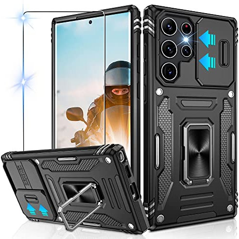 Jshru for Samsung S22 Ultra 5G Case with [Upgraded] Slide Camera Cover,Military Grade Shockproof S22 Ultra Case with Ring Kickstand, Anti-Scratch Cover for Samsung Galaxy S22 Ultra,Black