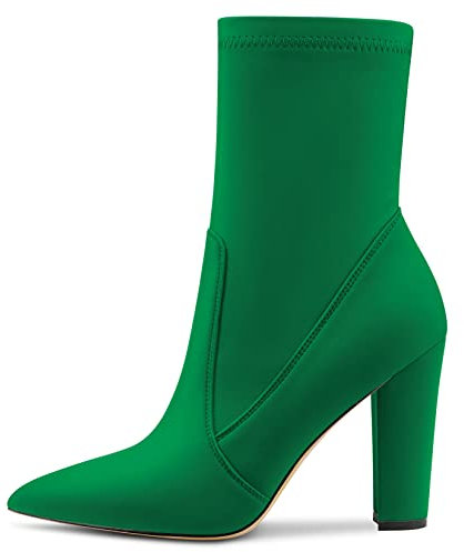 Castamere Donna Chunky Blocco Alto High Tacco Heel a Punta Stivaletti Cerniera Slip-on Cute Dress da Matrimonio Feste Stivali 10 CM Verde Raso 43 EU