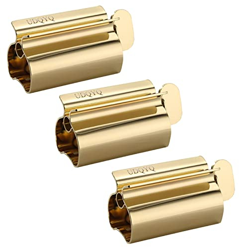 UDQYQ Tubenquetscher Tubenpresse,3-er Pack Zahnpasta Squeezer Edelstahl Sparen Zahnpasta total Squeeze Out leere Rohre, Edelstahl Zahnpasta Sitzhalter mit Standfunktion. (Gold)