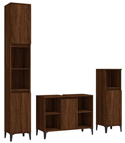 vidaXL Badmöbel Set 3-TLG., Badschrank Metallfüße, Badezimmer Unterschrank Hochschrank Midischrank, Badezimmermöbel, Braun Eichen-Optik Holzwerkstoff