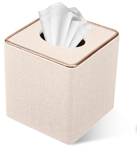 LADSTAG Taschentuchbox Taschentuchspender aus Leder, Kosmetiktücher Box,Quadrat Tücherbox Taschentücher Box Tissue Cover, B×T×H: 13.5 × 13,5 × 14,7 cm - Beige