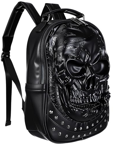 VALICLUD Niet Rucksack Geprägte 3D Schädel Nieten Punk Gothic Backpack Für Jungen Und Herren Stilvoller Tagesrucksack Mit Großem Fassungsvermögen Für Schule Arbeit Und Alltag