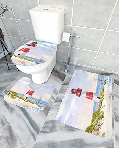 Badezimmerteppich-Set, 3-teilig, rutschfest, Badematte, Ölgemälde, Kunst, Leuchtturm, Insel, Dekor, Boden-Fußmatte, wasserabsorbierender WC-Deckelbezug und U-förmiger Konturteppich, Segelboot, Ozean
