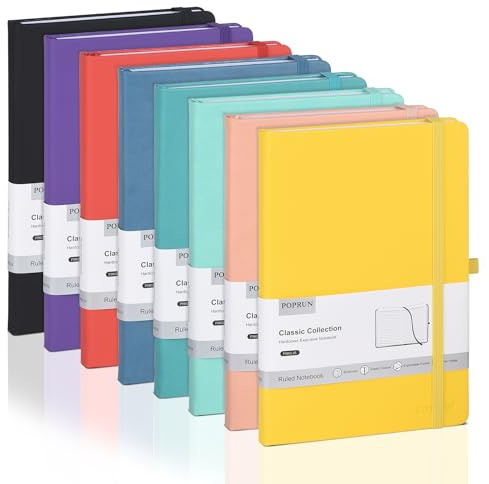 POPRUN A5 Lined Notebook Hardback, Journal Notepad, 240 Pages, 8 Colours | 14 x 21 cm, PU Leather Notebooks, 7 mm College Ruled Notepads, 70 GSM, Lay Flat, Inner Pocket, Notes, Writing, Journaling