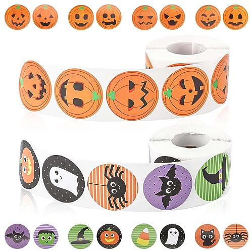 NQEUEPN 2 Rollen 1000 Stück Halloween Aufkleber, Halloween Aufkleberrolle Runde Halloween Aufkleber Geisteraufkleber Spinnen Runde Siegeletikettenaufkleber für Partydekorationen