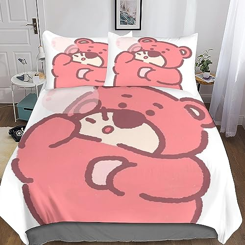 OKATOR Lotso Bettwäsche Toy Story Bettbezug Set Und Kissenbezug,bettwäsche Für Jungen Und Mädchen 3D Digital Print Dreiteiliger Bettwäsche,Mikrofaser 3 Teilig Sets King（220x240cm）
