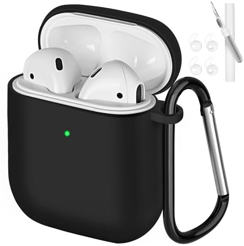 AXFEE Cover Compatibile con AirPods 2/1 (2019/2016) Custodia, con Kit di Pulizia e Moschettone, Case Protettiva Antiurto in Silicone Morbido per Apple AirPods 2/1 Generazione Custodia- Nero