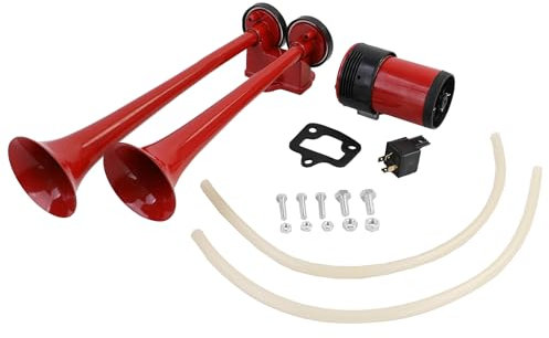 2-Klang Boots-Fanfare Hupe mit 2 Metall Hörnern Rot + Kompressor 12 Volt