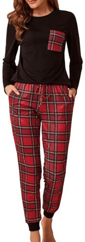 Onsoyours Pyjama Femme Hiver Chaud Ensemble De Pyjama Femme Coton Vêtements de Nuit Femme 2 Pièces Confortable Haut Manche Longue Bas Pyjama Femme À Carreaux A Noir S