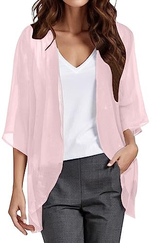 IQYU Cardigan Long et Fin en Mousseline de Soie - Noir - Manches 3/4 - Veste Légère de Printemps - Blazer en Tricot - Boléro pour Femme