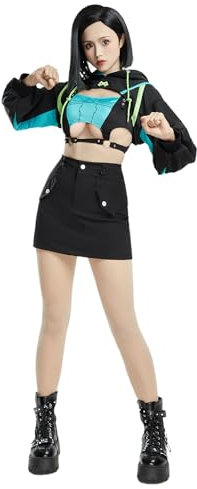 MEOWCOS Gothic Casual Outfit Top und Triangel Bottom mit kurzem Kapuzen-Sweatshirt, Schwarz, Medium