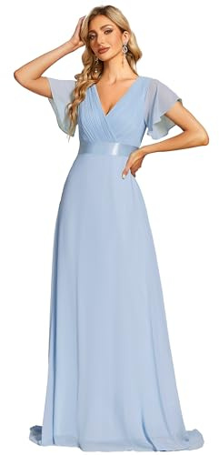 Ever-Pretty Women's Double V-Neck Short Flutter Sleeves Empire Waist Elegant Chiffon Long Evening Dresses Ice Blue 10UK
