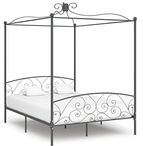 Homgoday Mobiliar Himmelbett, grau, aus Metall, 160 x 200 cm, Bettrahmen, Bettrahmen, modernes Bett, Doppelbett, Bett mit Lattenrost für Wohnzimmer