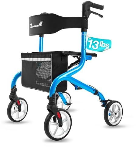 PLANET WALK Super Lightweight Rollator Walker for Seniors, Foldable Rolling Walker with Seat and 8 Rubber Wheels for All Terrain, Unique Design Aluminium Frame Sturdy Walkers for Traveling - Blue