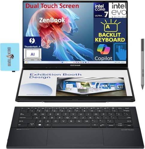 ASUS Zenbook Duo 2-in-1 Laptop Dual 14 OLED FHD+ 500 nits HDR Touch Display (Intel Ultra 7-155H, 16GB LPDDR5X, 1TB PCIe SSD, Backlit KYB, 2 Thunderbolt 4, Active Pen, WiFi 6E, Win11P) w/DKZ USB Hub