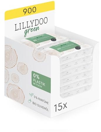 LILLYDOO green Natürliche Feuchttücher, 900 Stück (15 x 60), 100% plastikfreies Tuch, ohne Parfüme