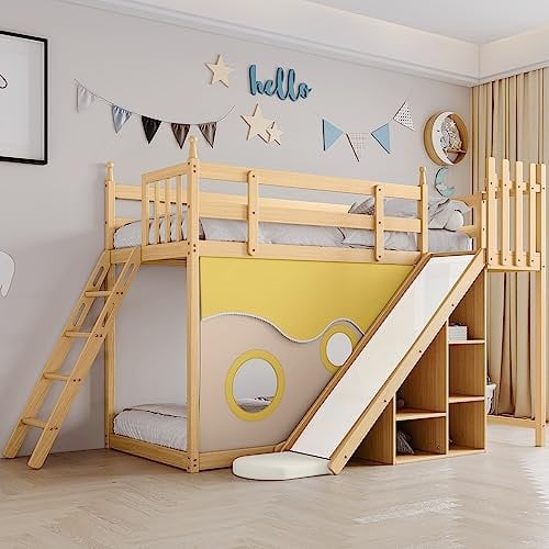 Ymkua Etagenbett Kinderbett 90x200 cm, Hochbett mit Stauraum, Holzbett mit Leiter, Rutsche, Hausbett mit Bettvorhang und Rausfallschutz, Baumhausbett mit Lattenrost und Lagerregal, Natur,Ohne Matratze