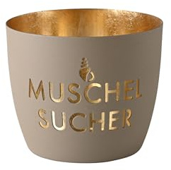 Giftcompany Madras, Windlicht, M, Motiv: Muschelsucher, Sandstone/Gold, H8,5, D10cm