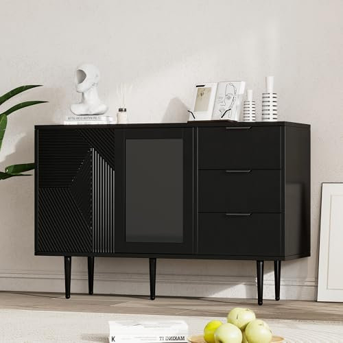 Zepneiy Commode 120 x 38 x 79,5 cm avec 3 tiroirs et 2 Portes, avec Pieds en métal et Porte vitrée, Noir