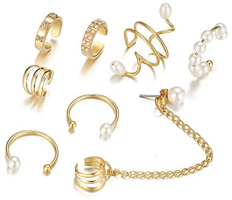 Musedimall 8 Stück Ear Cuff Set, Verstellbar Damen Ohrclips Knorpel Set, Golden Clip Ohrringe, klipp Fakepircings Ohrringe für Dame