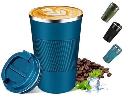 Reusable Coffee Cup Travel Mug, 380ml Insulated Coffee Cup with Leakproof Lid, Double Walled Stainless Steel Thermal Coffee Mug for Hot Cold Drinks, Portable Travel Mug for Car Outdoor Office (Blue)