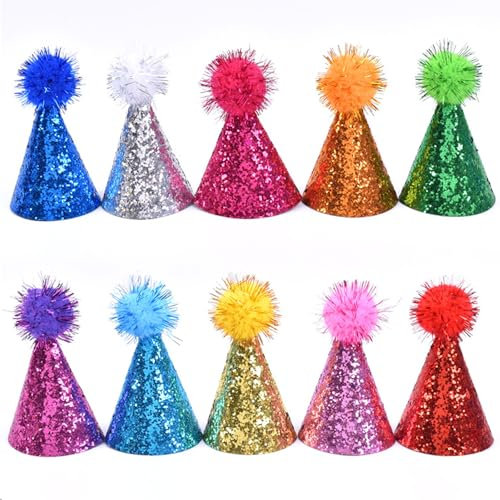 GWAWG 10 x Partyhut mit verstellbarem Kopfband, Glitzer, wiederverwendbar, Happy Birthday-Hut, Kindergeburtstagszubehör, Dekorationen, Pompom-Party-Hüte für Kinder und Erwachsene