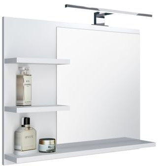 FreshYou Badspiegel mit 3 Ablagen Badezimmerspiegel Spiegel Regal Wandspiegel Hängespiegel Badmöbel Spiegel Flurspiegel für Schlafzimmer für Badezimmer Weiß 60X50 LED Lampe - Links