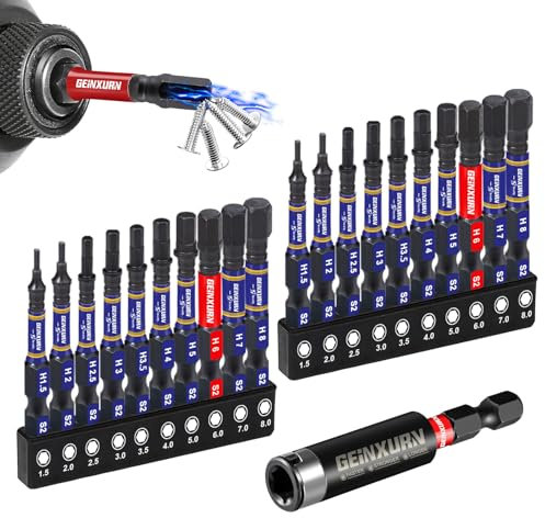 Geinxurn Sechskant Bit Set, 20 Stück Hex(1.5-8mm) 50mm 1/4 zoll Sechskantschaft S2 Legierter Stahl Schlagfester Schrauber Bitsatz mit 1 Stück 60mm Magnetisch Bit-Halter