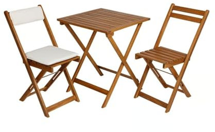 BURI Balkonmöbel Set 3-teilig klappbar – Akazienholz Sitzgruppe mit Tisch & 2 Stühlen inkl. Kissen – Wetterfest, platzsparend & ideal für Balkon & Garten