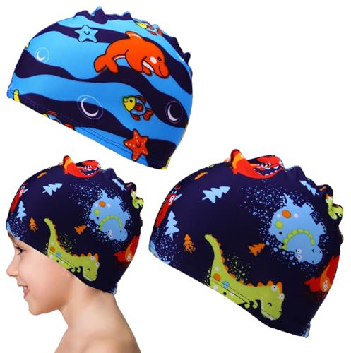 Gorro Piscina Niña, Gorro Natacion Niño, Gorro de Natación de Dibujos de Niños, Gorros de Natación Elásticos para Niños de 2 12 Años, Diseño Lindo, Protección Cabello y Oreja