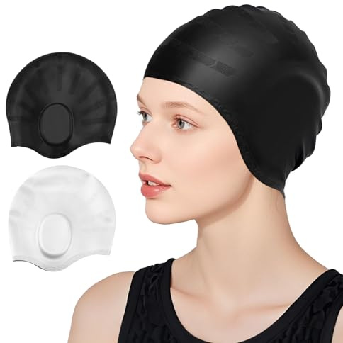 Badekappe, 100 % Silikon, wasserdicht, mit Ohrenschutz, Badekappen für Damen/Herren, große schwarz/weiße Badekappen, die das Haar trocken halten, Damen-Badekappe für langes/kurzes Haar, 2 Stück