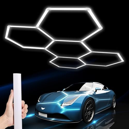Hexagon LED Lights:192W 5 Grids DIY led Honeycomb Ceiling Light,6500K Ultra Bright,2.4x1.7m,Easy Install, Durable Design for Garage,Car Detailing,Workshops,Exhibition Hall,Gym,Shopping malls (5-HEX)