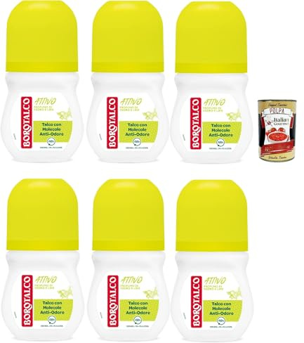 Borotalco, Deodorant Roll-On Aktiv Gelb, Talkum mit geruchshemmenden Molekülen, frische Wirksamkeit, 48h Wirksamkeit, ohne Alkohol, Duft von Zeder und Limette, 6x 50ml + Italian Gourmet polpa 400g
